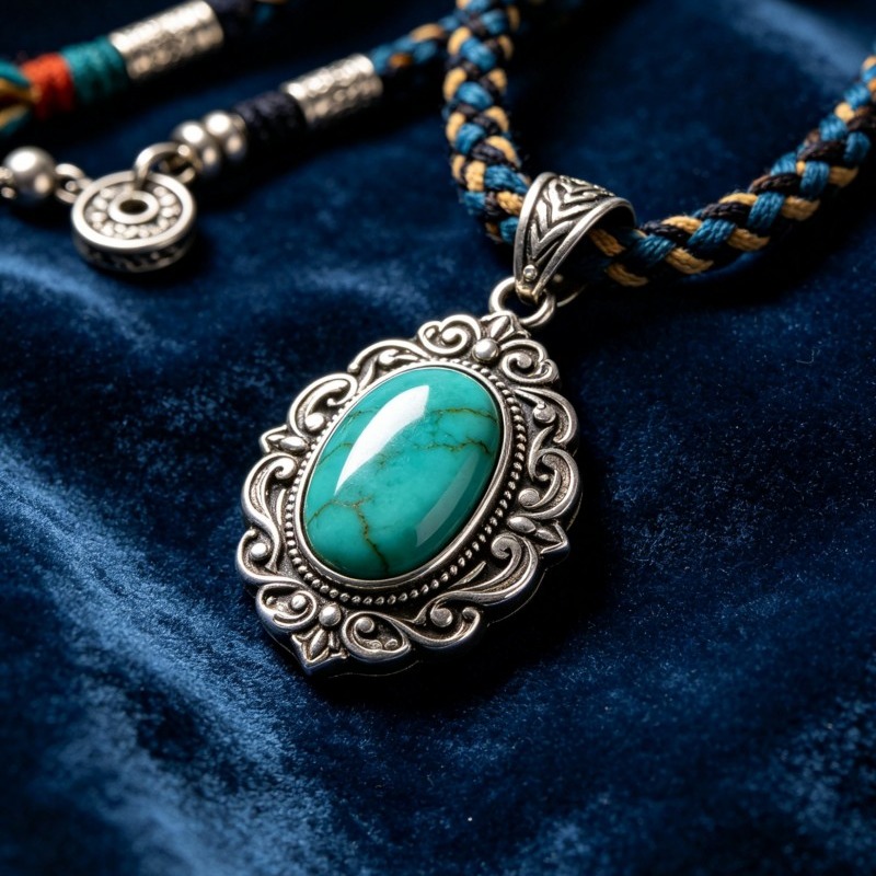 藏银绿松石吊坠|单个装（配挂绳）|手工打造，藏银质感，绿松石天然色泽